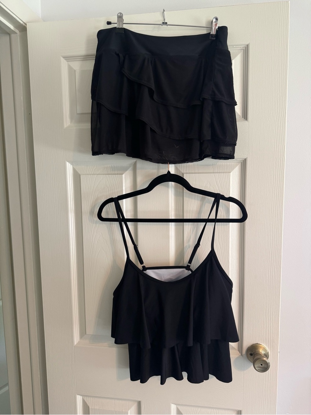 Two Piece Black Ruffled swim top and skirt - very flattering !